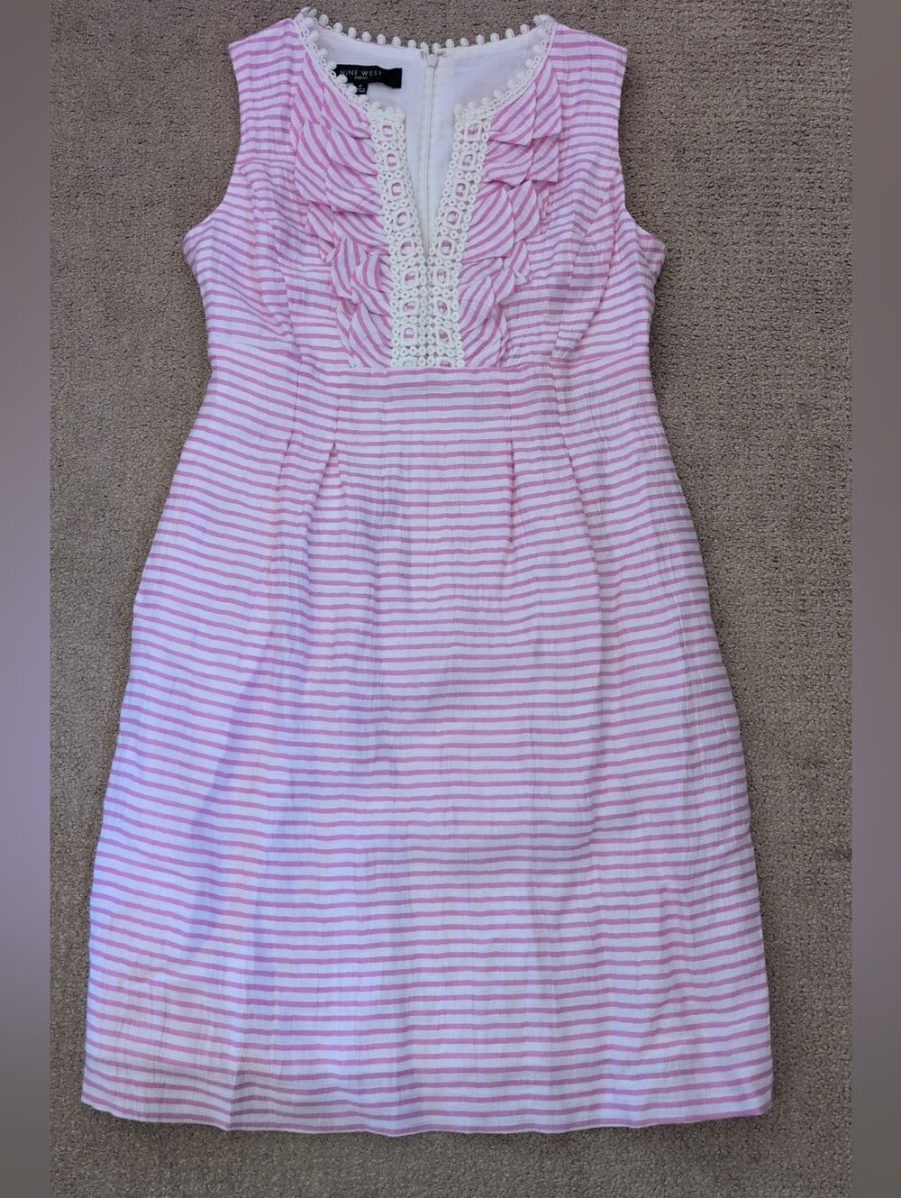 Nine West Pink & White Striped Sleeveless Lace-Trim Dress